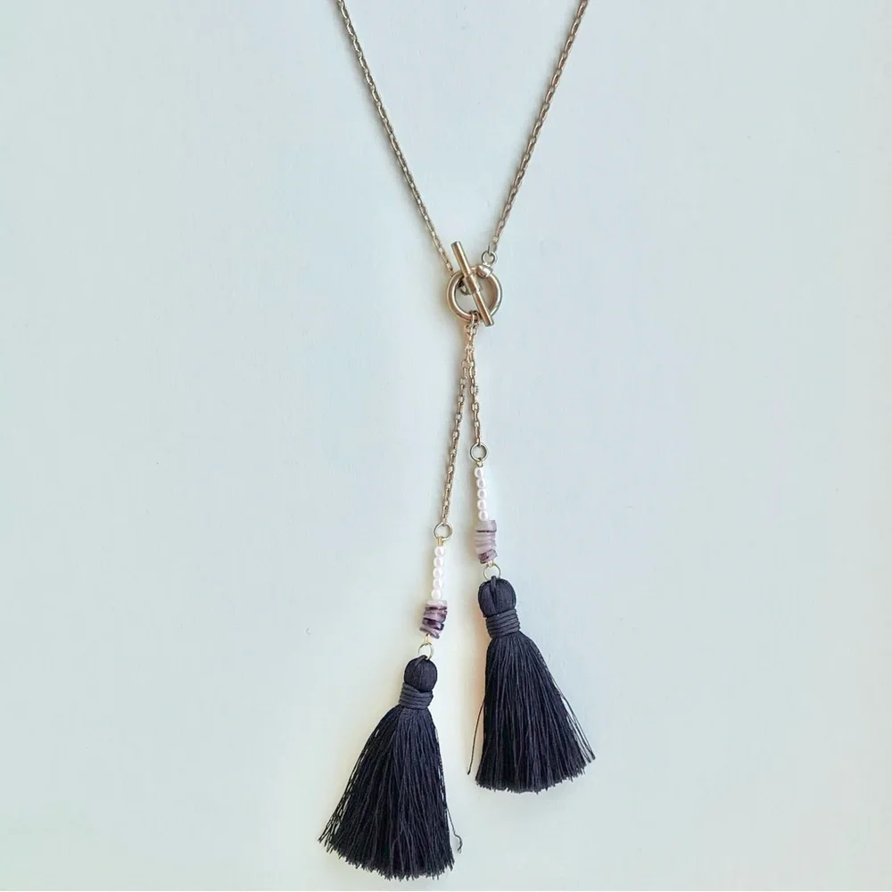 Black Tassel Necklace with Beads
